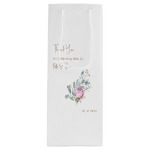 Pink Floral Gold Text White Wedding Wine Gift Bag