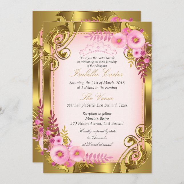 Pink Floral Gold Tiara Birthday Party Invitation (Front/Back)