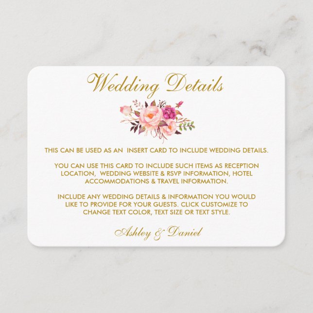 Pink Floral Gold Wedding Details Insert Card (Front)