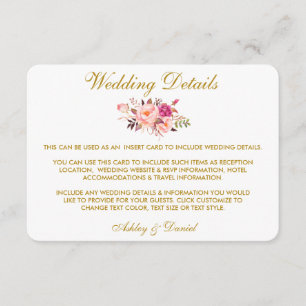 Pink Floral Gold Wedding Details Insert Card