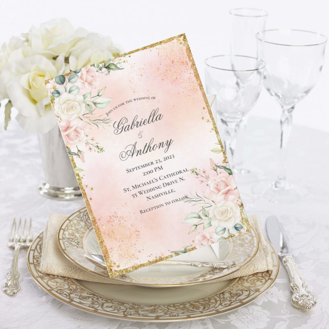 Pink Floral Gold Wedding Invitation (Creator Uploaded)