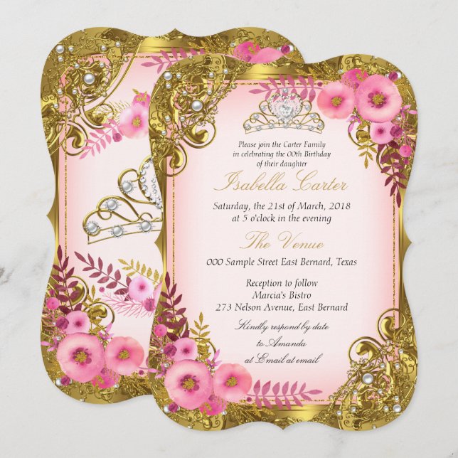 Pink Floral Gold White Pearl Tiara Birthday Party Invitation (Front/Back)