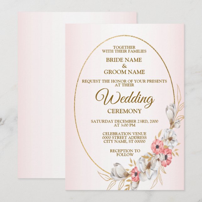 Pink Floral Golden Geometric Peach Wedding Invitation (Front/Back)