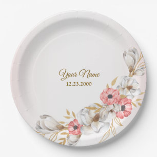 Pink Floral Golden Peach Modern Wedding Party Paper Plate