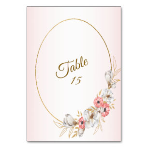 Pink Floral Golden Peach Modern Wedding Party Table Number