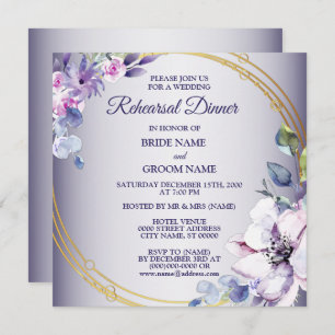 Pink Floral Golden Purple Wedding Rehearsal Dinner Invitation