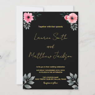 Pink Floral Golden Wedding Invitations
