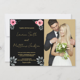 Pink Floral Golden Wedding Invitations with photo