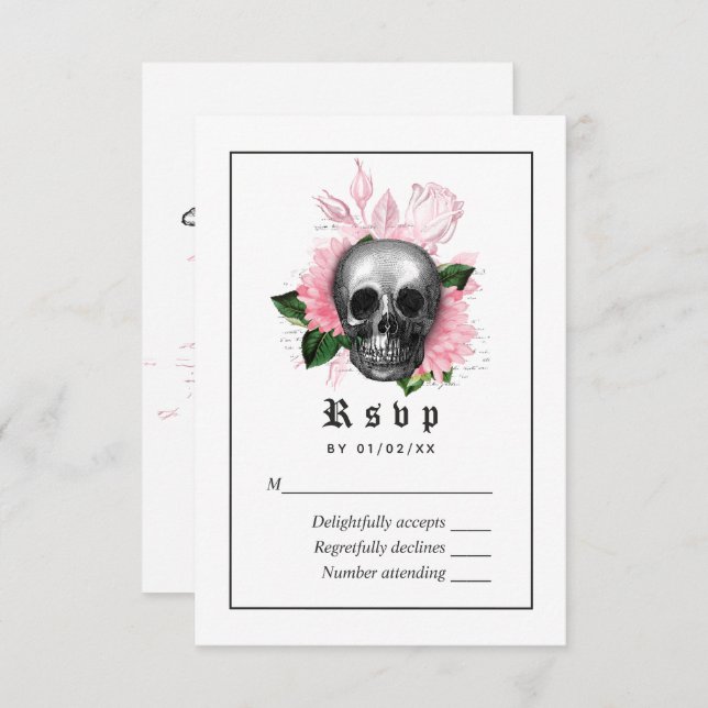 Pink Floral Gothic Skeleton Wedding RSVP Card (Front/Back)