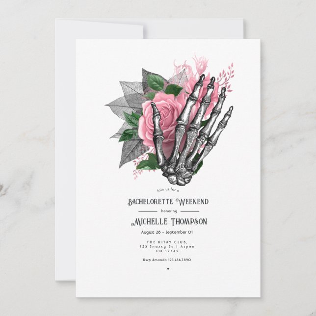 Pink Floral Gothic Skull Bachelorette Weekend Invitation (Front)