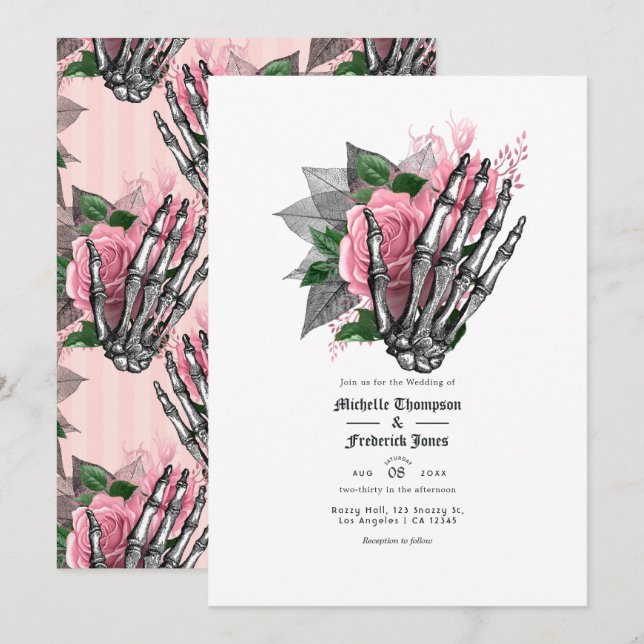 Pink Floral Gothic Wedding QR Code Invitation (Front/Back)