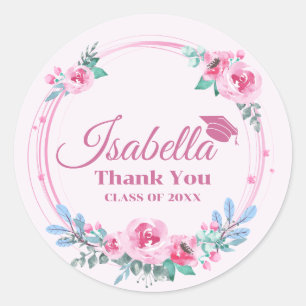 Pink Floral Grad Name Graduation  Classic Round Sticker