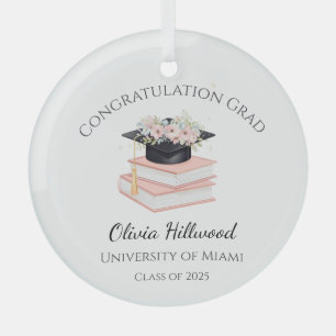 Pink Floral Graduation cap Uni Name Glass Tree Decoration