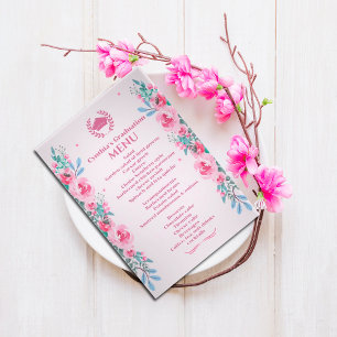 Pink Floral Graduation Dinner Menu Invitation