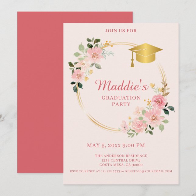 Pink Floral Graduation Invitation (Front/Back)