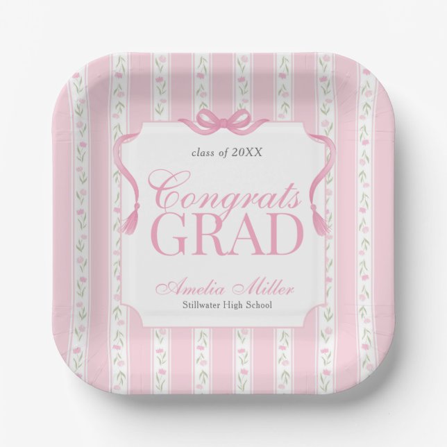 Pink Floral Graduation Paper Plate (Front)