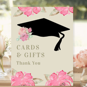 Pink Floral Graduation Party Cards and Gifts Pedestal Sign