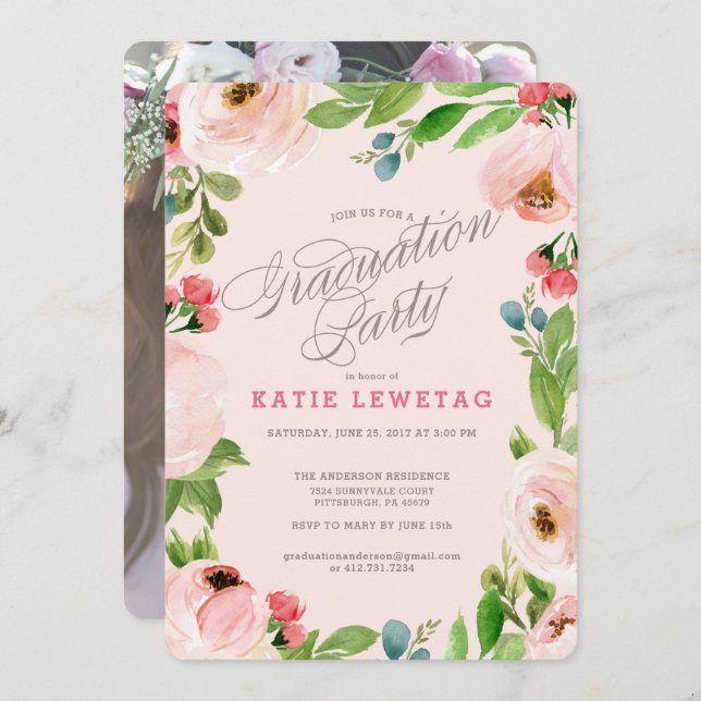 PINK FLORAL GRADUATION PARTY INVITATION (Front/Back)