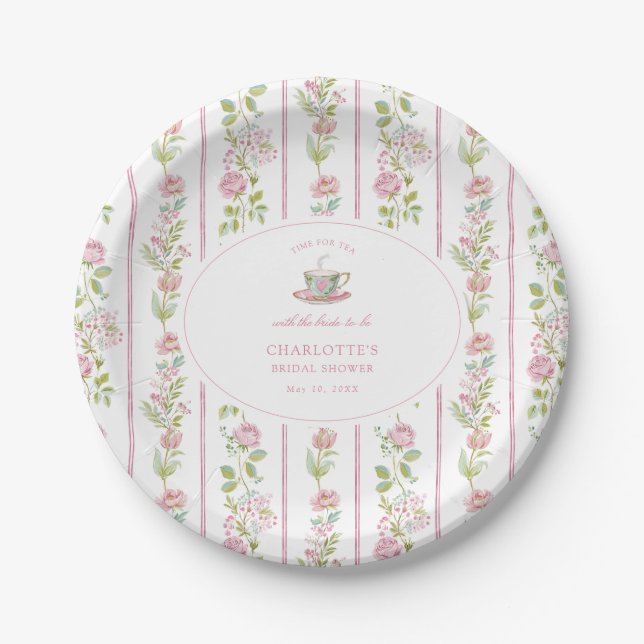 Pink Floral Grandmillennial Bridal Tea Party  Paper Plate (Front)