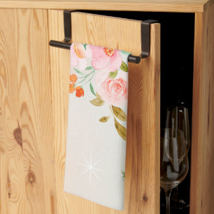 Pink Floral Graphic Artwork, Flourishing Flowers Tea Towel