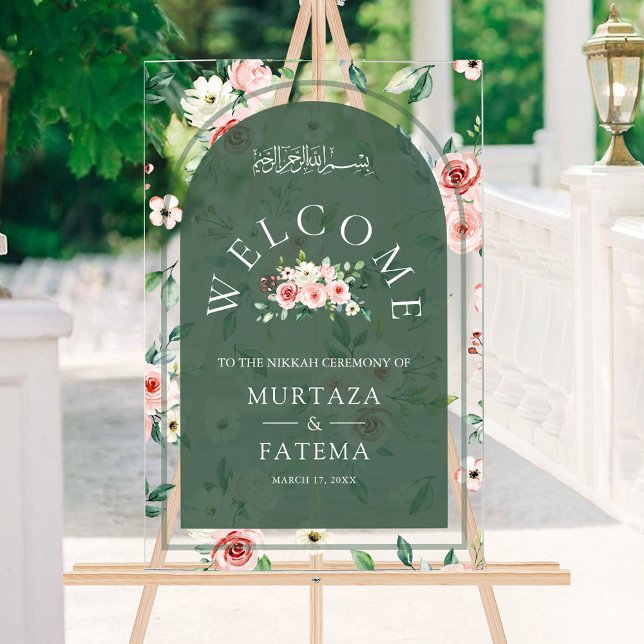 Pink Floral Green Arch Muslim Wedding Welcome Acrylic Sign (Creator Uploaded)
