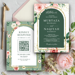 Pink Floral Green Arch QR Code Muslim Wedding Invitation