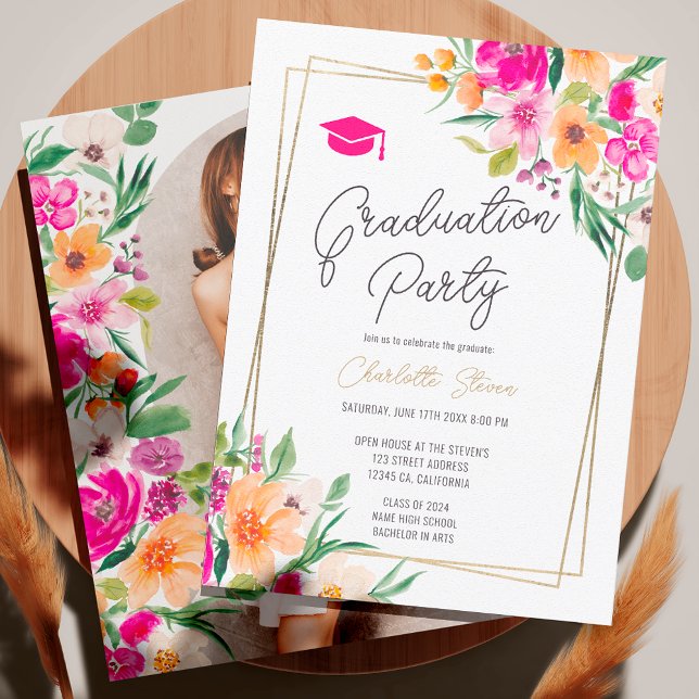Pink floral green chic gold script graduation invitation (Pink floral green chic gold script graduation invitation)