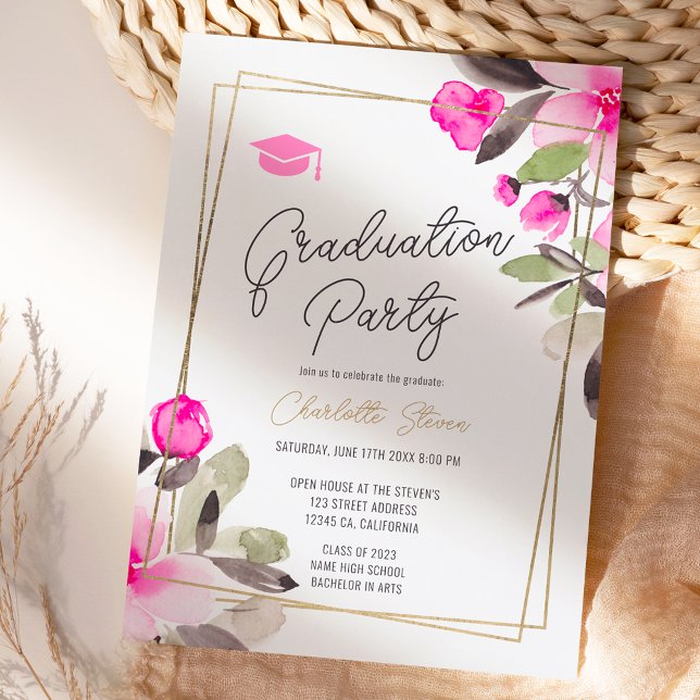Pink floral green chic gold script graduation invitation (Creator Uploaded)