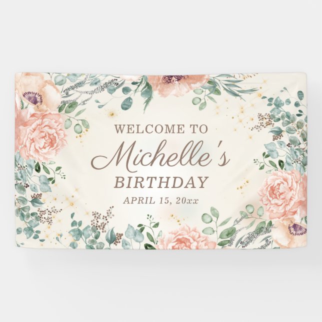 Pink Floral Green Foliage Gold Glitter Birthday  Banner (Horizontal)