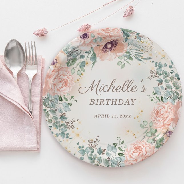 Pink Floral Green Foliage Gold Glitter Birthday Paper Plate (Blush pink floral and sage green leaves women's birthday party paper plates)