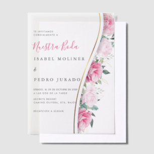 Pink Floral Green Foliage Nuestra Boda Wedding Vellum Invitations