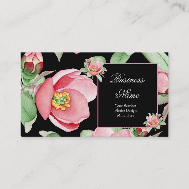 Pink Floral Green Leaves Black Flowers Business Card (Front)