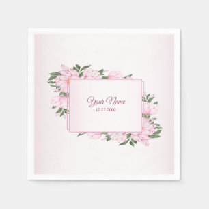 Pink Floral Green Leaves Elegant Wedding Party Napkin