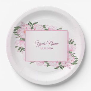 Pink Floral Green Leaves Elegant Wedding Party Paper Plate