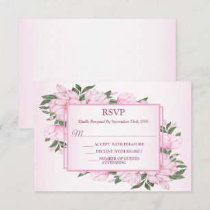 Pink Floral Green Leaves Elegant Wedding Party RSVP Card