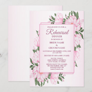 Pink Floral Green Leaves Wedding Rehearsal Dinner Invitation