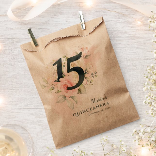 Pink Floral Green Quinceanera 15th Birthday Party Favour Bags (Clipped)