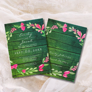Pink Floral Green Rustic Wood Country Wedding Announcement