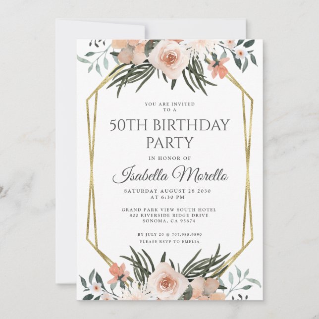 Pink Floral Greenery 50th Birthday Invitation (Front)