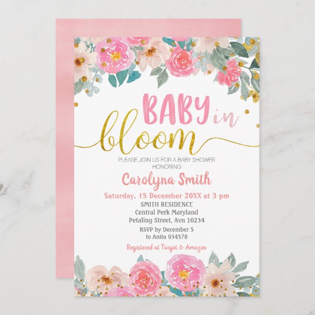 Pink Floral Greenery Baby in Bloom Invitation (Front/Back)