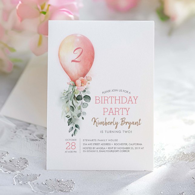 Pink Floral Greenery Balloon Girls Birthday Invitation (Pink Balloon and Greenery Garland Birthday Invitation)