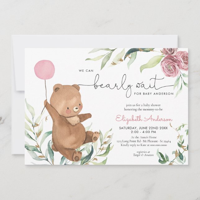 Pink Floral Greenery Bear Balloon Girl Baby Shower Invitation (Front)
