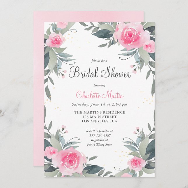 Pink Floral Greenery Bridal Shower Invitation (Front/Back)