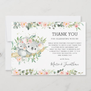 Pink Floral Greenery Cute Koala Baby Shower Girl Thank You Card