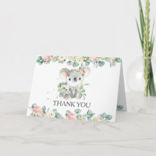 Pink Floral Greenery Cute Koala Girl Baby Shower Thank You Card