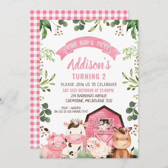 Pink Floral Greenery Farm and Barn Birthday Invitation (Front/Back)