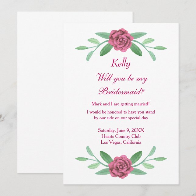 Pink Floral Greenery Foliage Bridesmaid Card (Front/Back)