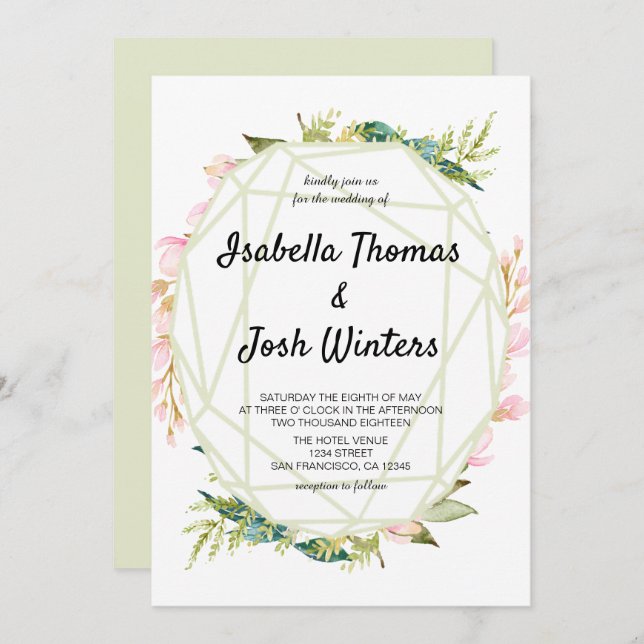 Pink Floral Greenery Foliage Frame Crystal Wedding Invitation (Front/Back)