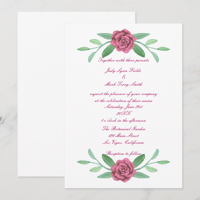 Pink Floral Greenery Foliage Wedding Invitation (Front/Back)
