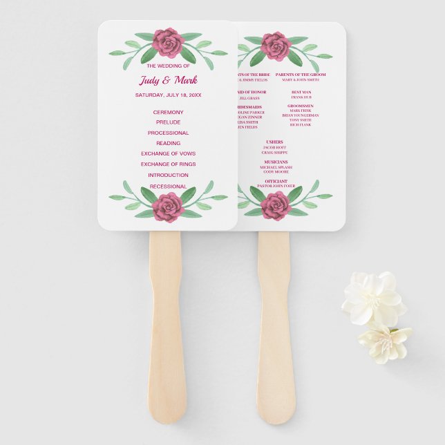 Pink Floral Greenery Foliage Wedding Program Hand Fan (Front and Back)